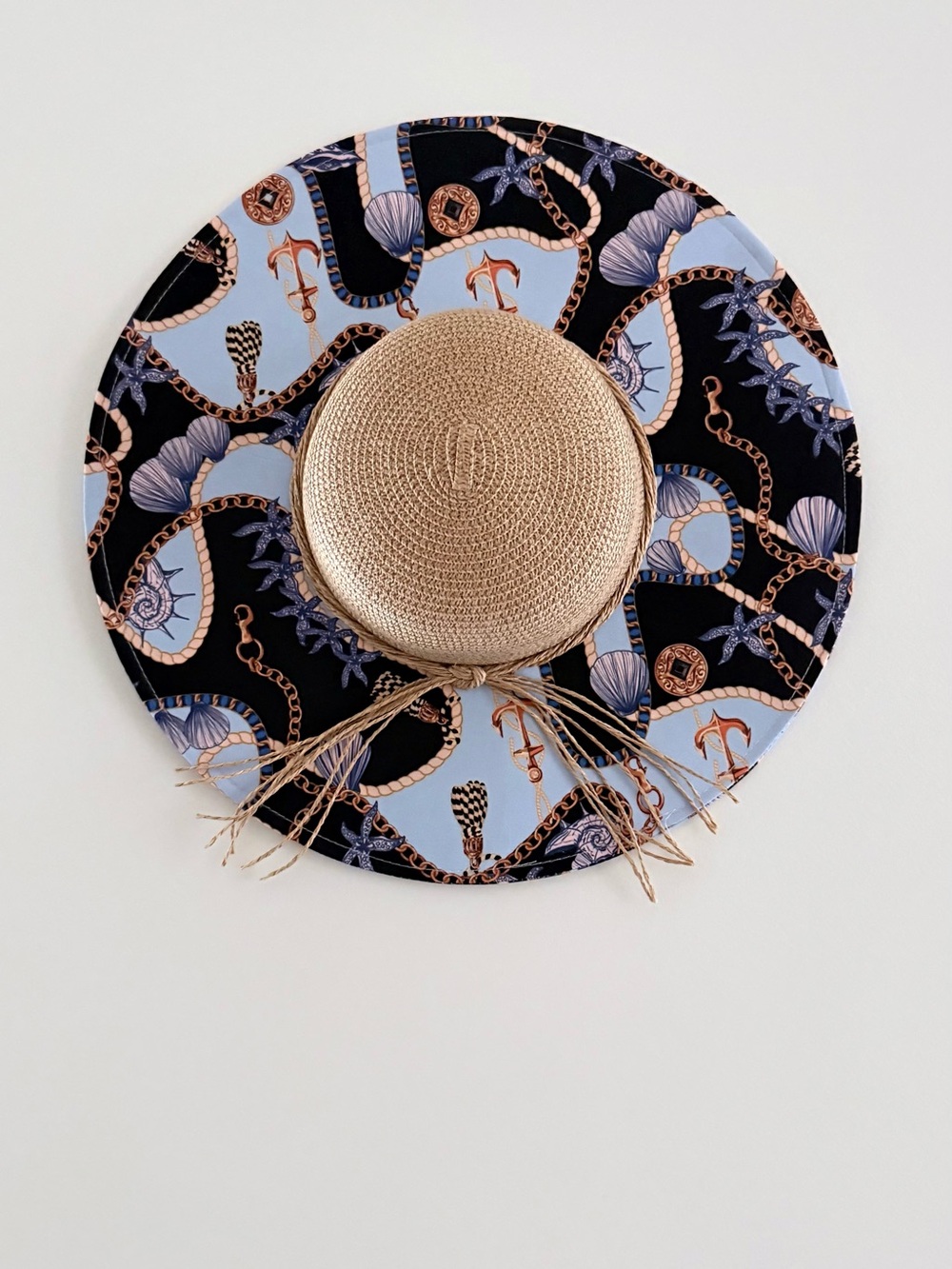 Straw Wide-Brim Sun Hat with Nautical Print - Black & Light Blue